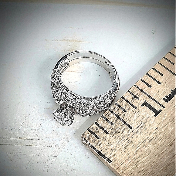 Vintage Style Sterling Silver Filigree Bridal Ring Set CZ Milgrain Details 925 - Picture 3 of 12